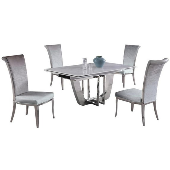Milan Juliet Dining Set with Extendable Carrara Marble Table & 4 Gray Chairs