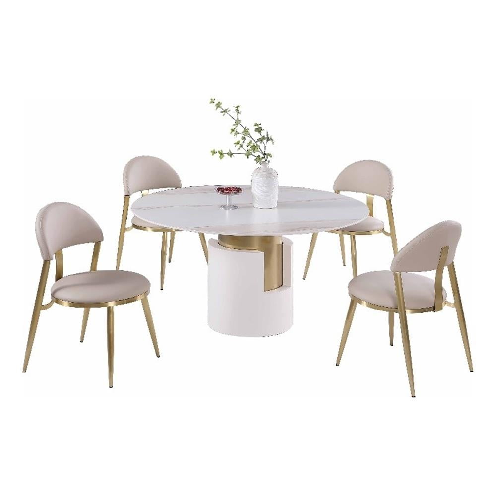 Milan White Marbleized Stone Dining Set with Taupe Chairs