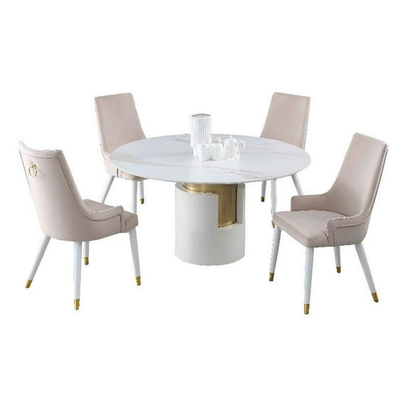 Milan Kona White Marbleized Sintered Stone Top Dining Set and Side Chairs