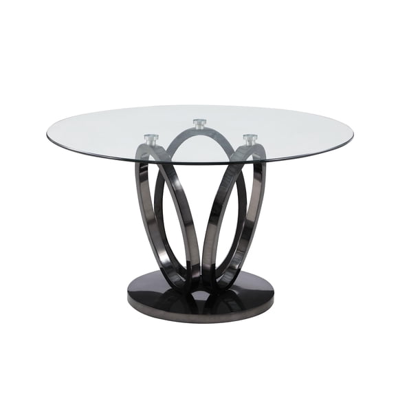 Milan Lyn Round Glass Dining Table w/ Graphite Gray 3-Ring Steel Base