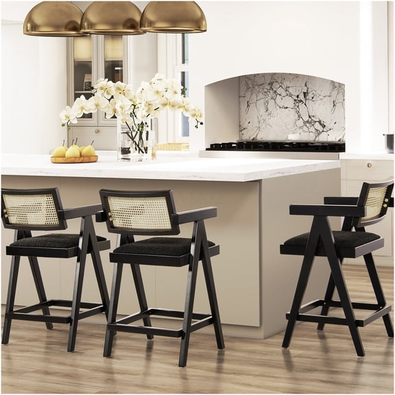 Milan Modern Bar Stool Set of 3 with Boucle Upholstery and Resin Webbing Back