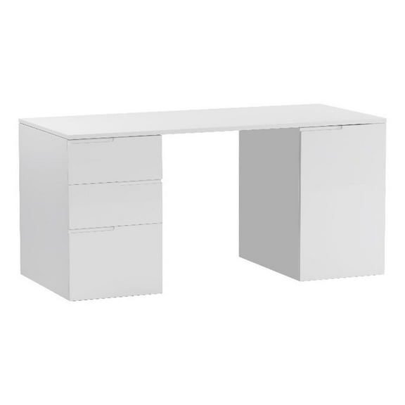 Milan Modern Gloss White Wood Desk with 3 Drawers and 1 Door