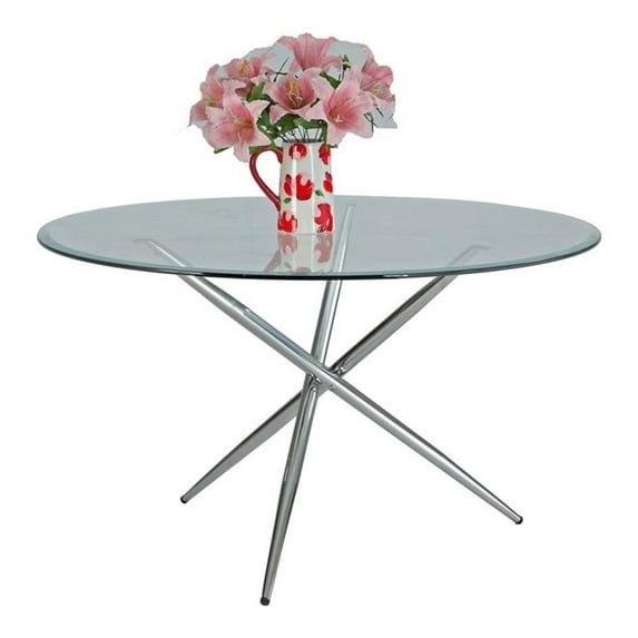 Milan Patience 43.3" Round Steel and Glass Dining Table in Clear/Chrome