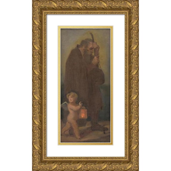 Milan Thomka Mitrovský 10x18 Gold Ornate Wood Frame and Double Matted Museum Art Print Titled - Study of Pilgrims with a Guardian Angel - Ahasver (1910-1930)