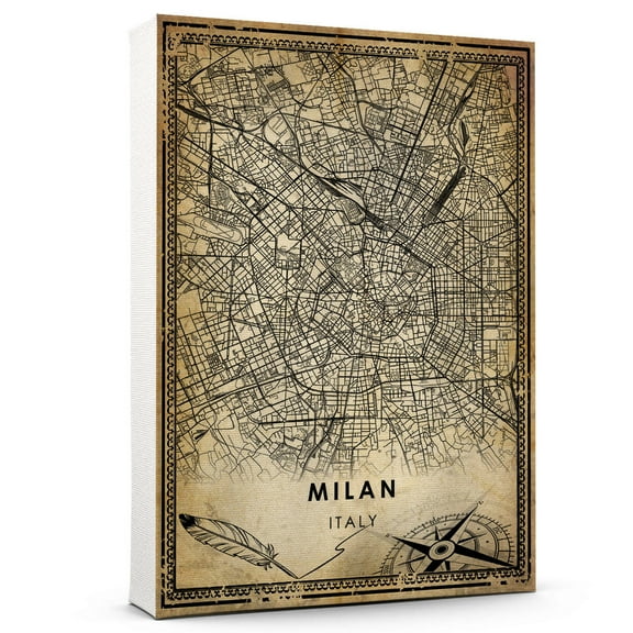 Milan Vintage Map Prints Canvas, Italy Map Art Canvas, Canvas, Milan Map City style Watercolor art Canvas