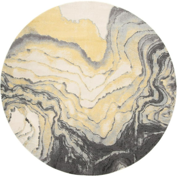 Milania Watercolor Effect Rug, Gargoyle Gray/Pale Yellow, 8ft x 8ft Round