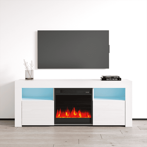 Milano 145EF Fireplace TV Stand for TVs up to 65", Modern High Gloss 58" Entertainment Center, Electric Fireplace TV Media Console with Storage Cabinets and LED Lights