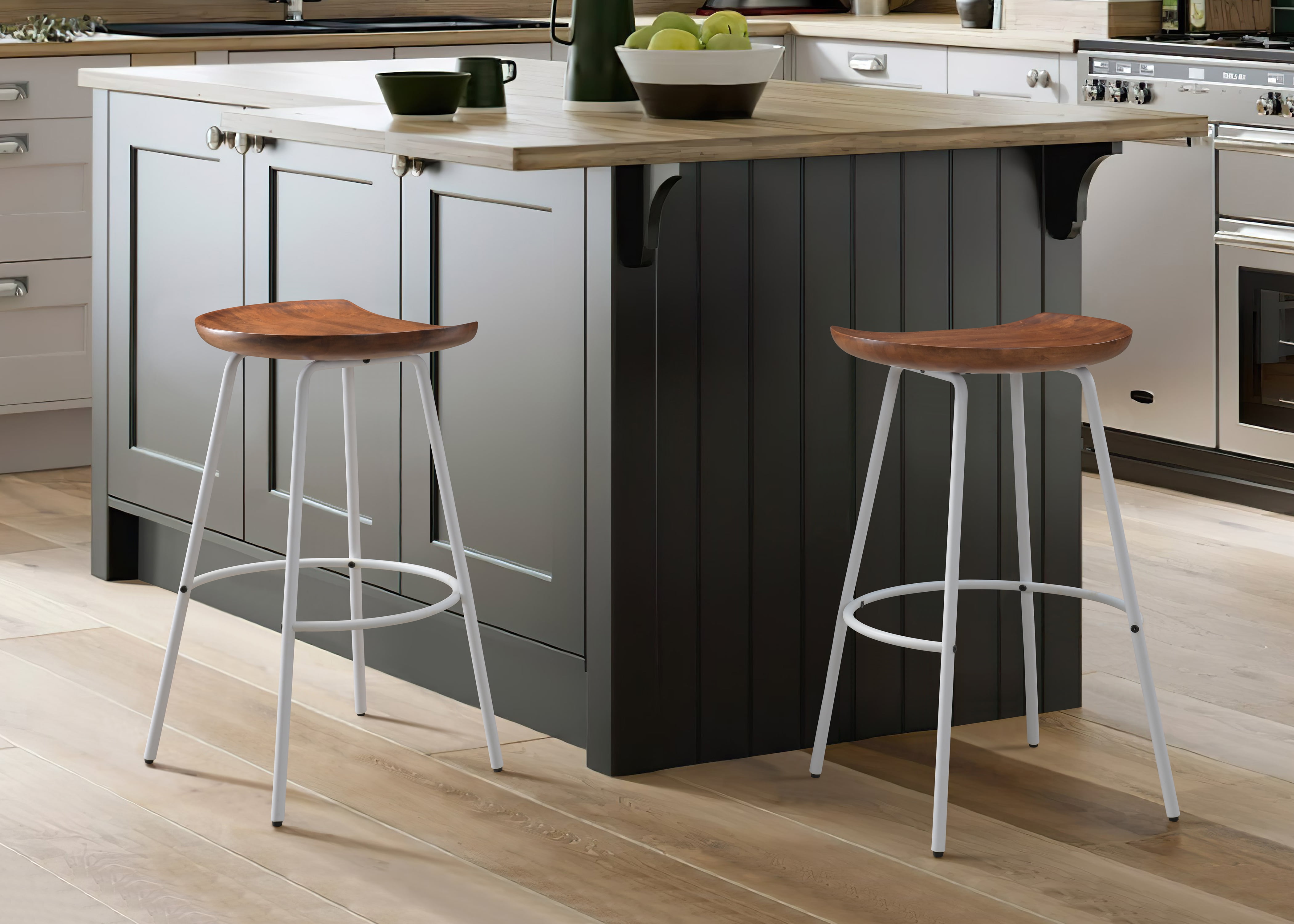 Milano 24" White Steel and Walnut Wood Finish Modern Barstool