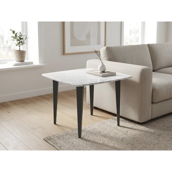 Milano 24" Carrara White Marble End Table with Iron Legs