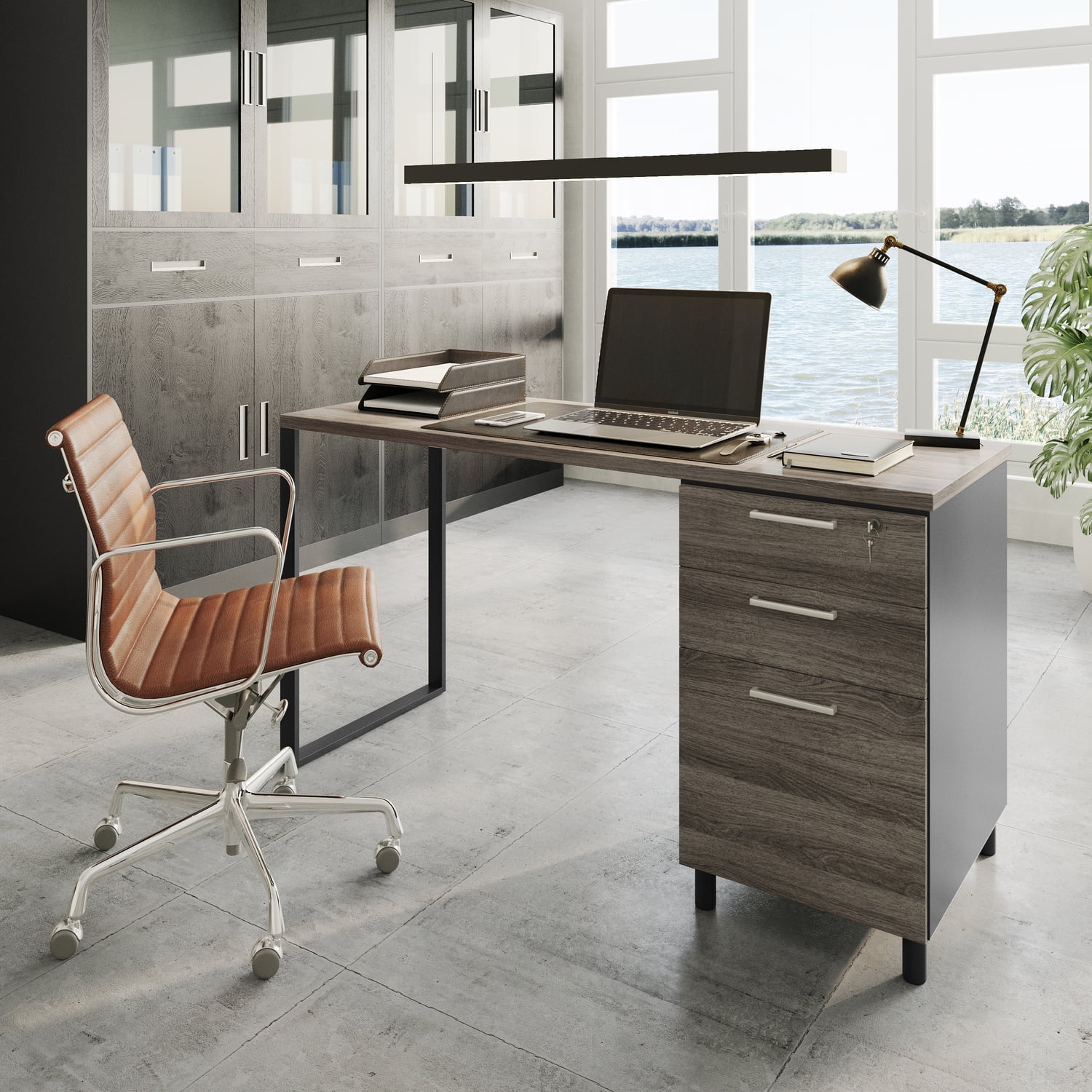 Slate Gray and Black Wood Computer Desk with Filing Cabinet and Drawers