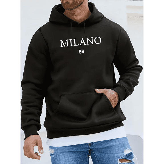 Milano 96 Men's Hoodie - Casual Long Sleeve Sweatshirt, Regular Fit, Alphabet Pattern, Winter Fashion Top for Men