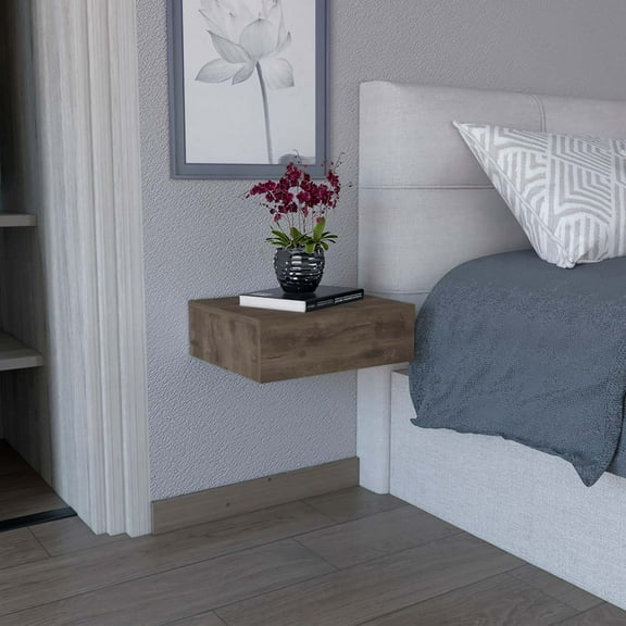 Milano Floating Nightstand, End Table, Side Table with Drawer Dark Brown Bedroom