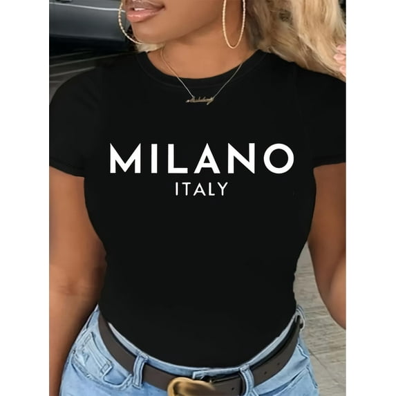 Milano Italy Letter Print T-Shirt - Casual, Soft Black Crew Neck, Short Sleeve for Women, Machine Washable, Ladies Leisure Tees
