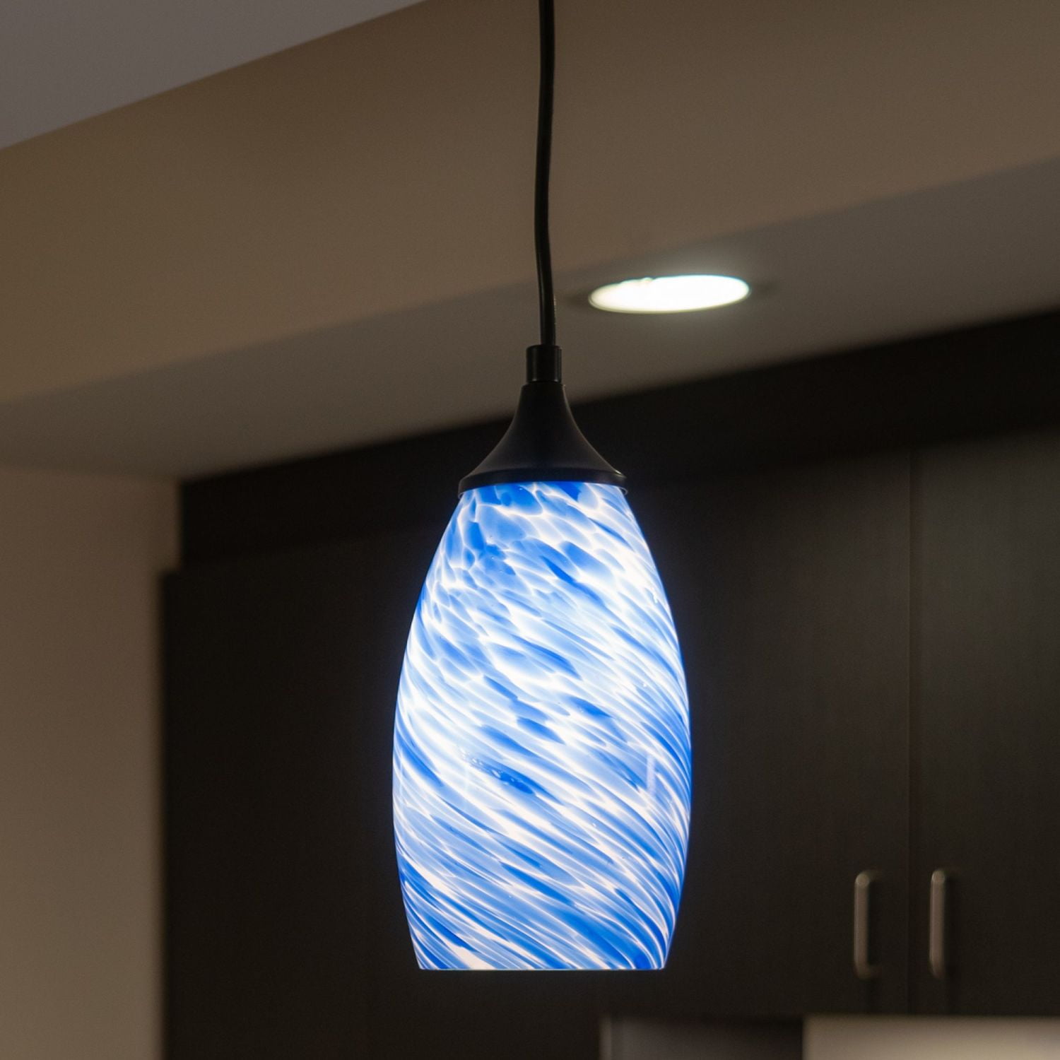 Milano Matte Black Mini Pendant with Azzura Glass Shade