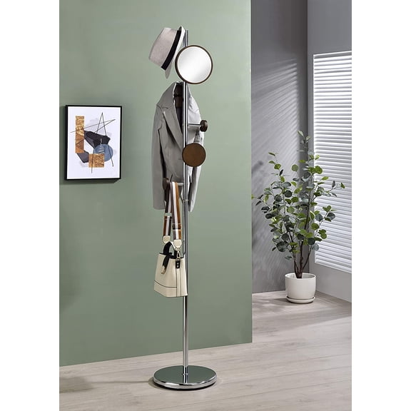 Milano Metal Freestanding Coat Rack with 6 Hooks Included a 7" Mirror for Living Room, Bedroom, Entryway, Office, Walnut