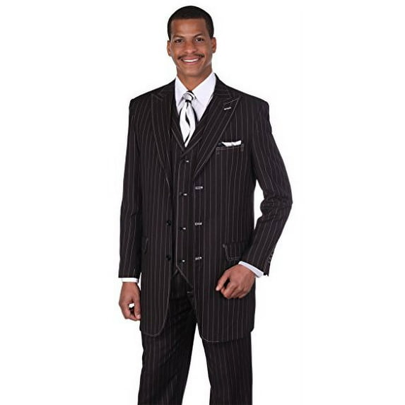 Milano Moda Men's 3pc Gangster Pin-striped Three Button Suit 5903 w/ Vest Black/White