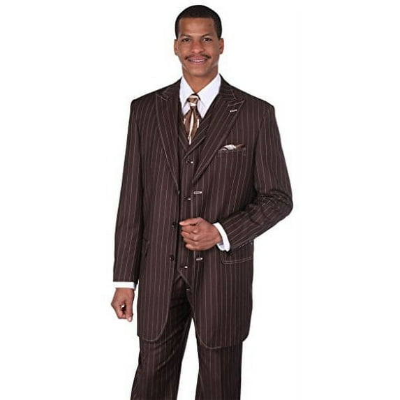 Milano Moda Men's 3pc Gangster Pin-striped Three Button Suit 5903 w/ Vest Brown