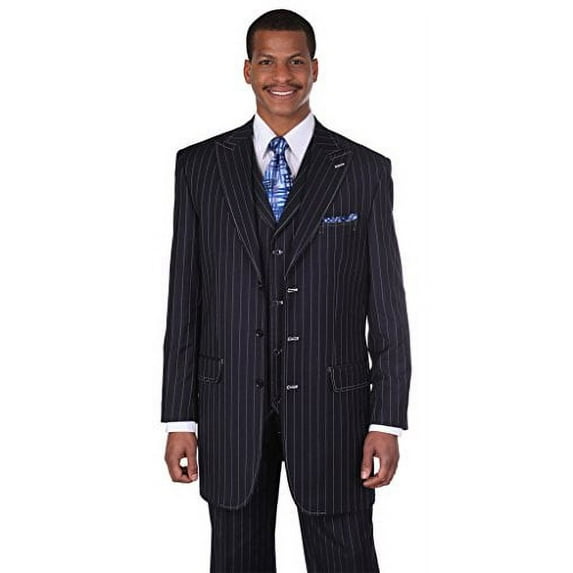 Milano Moda Men's 3pc Gangster Pin-striped Three Button Suit 5903 w/ Vest Navy