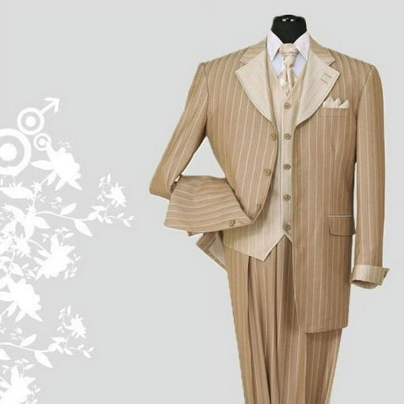 Milano Moda Pinestripe Fashion Suit with Contrast Collar, Cuffs & Vest 2911-Tan-42L