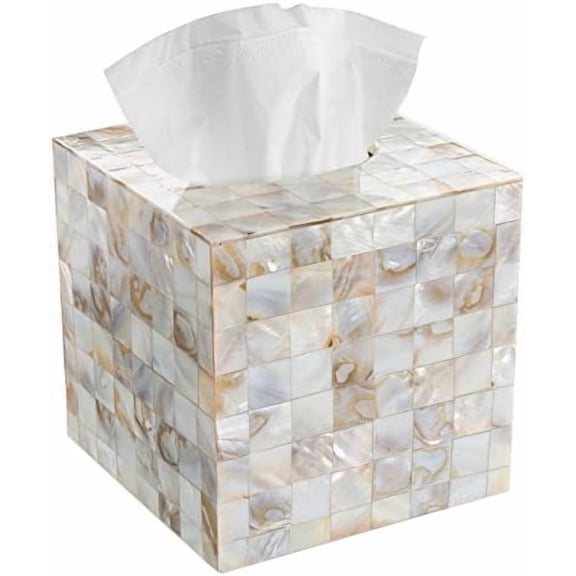 Milano Tissue Box Cover Square – Decorative Tissue Holder for Bathroom - Beautiful Natural Mother of Pearl Capiz Shells Tissue Box Holder - Cube Tissue Box Cover with Durable Bottom Slider