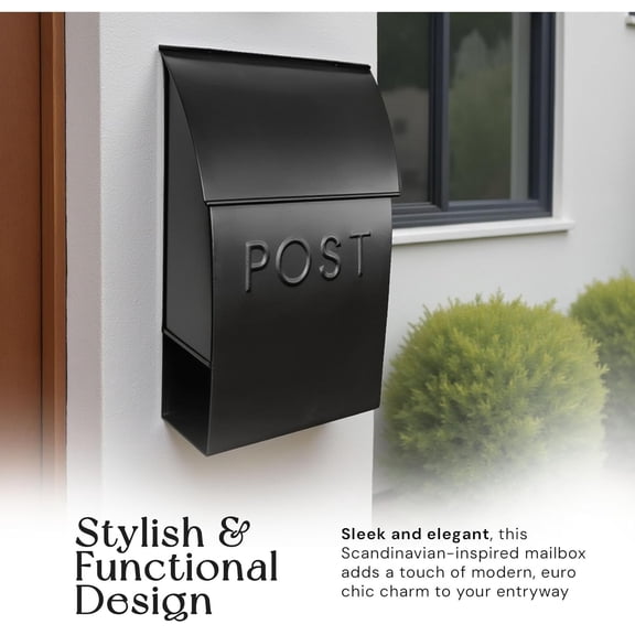 Milano Wall Mounted Mailbox with Newspaper Holder, Black Metal Outdoor Mail Holder for Door, Waterproof Rust-Resistant