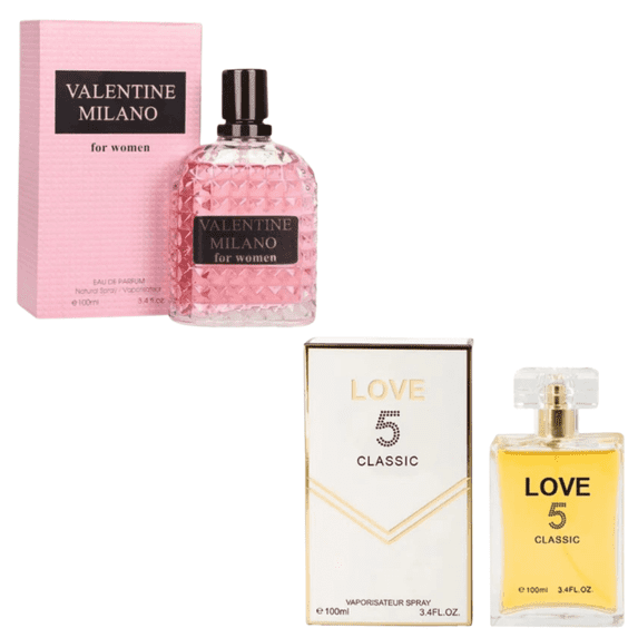 Women’s Perfume Set – 2 Pack Eau de Parfum 3.4 oz Each – Long Lasting Floral & Sweet Fragrance Gift Set for Her – Valentine Milano & Love 5 Classic