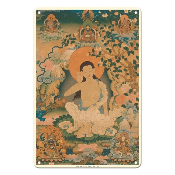 Milarepa - Tibet's Great Yogi Sage and Singing Saint - Vintage Tibetan Thangka Buddhist Painting - 8 x 12 inch Vintage Metal Tin Sign