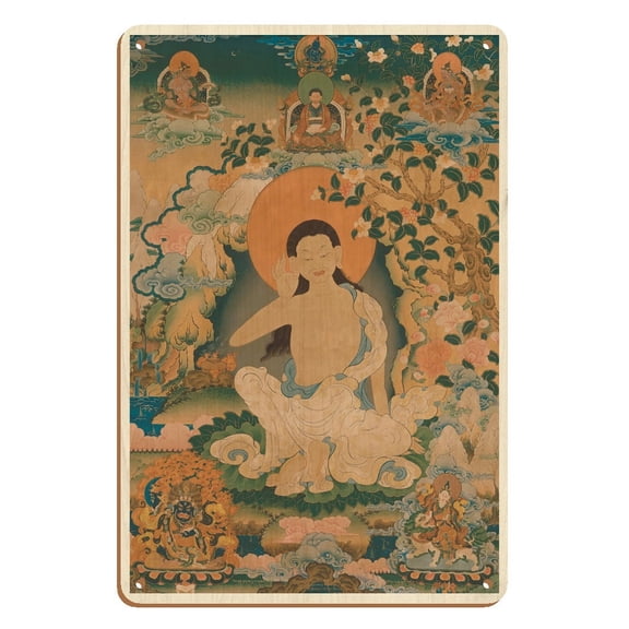 Milarepa - Tibet's Great Yogi Sage and Singing Saint - Vintage Tibetan Thangka Buddhist Painting - 8 x 12 inch Vintage Wood Art Sign