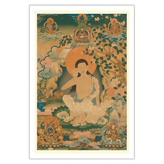 Milarepa - Tibet's Great Yogi Sage and Singing Saint - Vintage Tibetan Thangka Buddhist Painting - Fine Art Matte Paper Print (Unframed) 30x44in