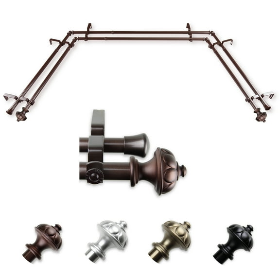 Milcah 13/16" Double Bay Window curtain rod Adjustable 20"-36", 38"-72" - Cocoa,(ABay-92-7D)