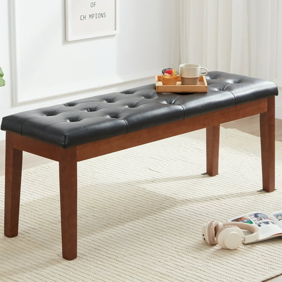 Milcil Upholstered Entryway Bench End of Bed Dining Bench with Wood Legs Tufted Dinning Seat Faux Leather Black