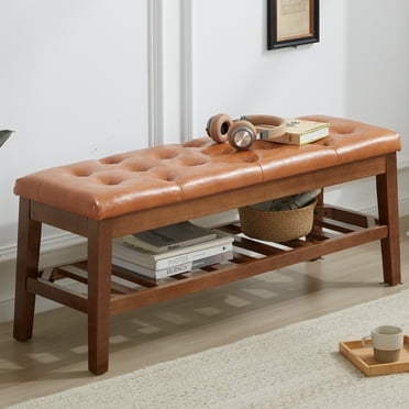 Milcil Upholstered Shoe Bench Entryway Bench Bed Bench Tufted Seat with Wood Shelf Storage Faux Leather Cognac Brown
