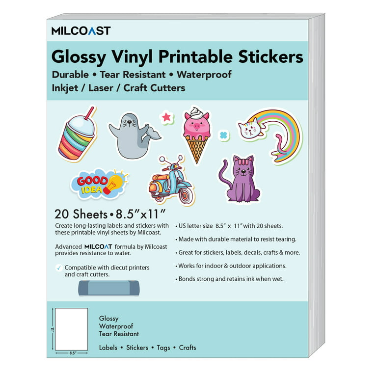 Glossy Printable Vinyl Sticker Paper for Inkjet Printer - 8.5x11 20 Sheets  US