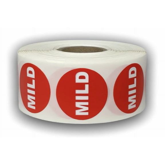 Mild Food Stickers | 1.125 inch (1 1/8") Round Red with White Text Adhesive Labels | 1 Roll with 1000 Labels