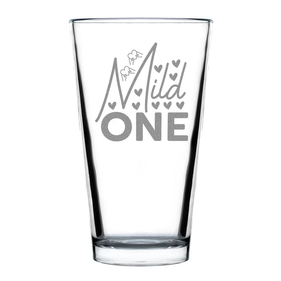 Mild One design, Standard 16oz Pint Glass, Hand Engraved, Unique Gift Idea, Party Favor, Etched Glass, Personalized Touch, Drinkware