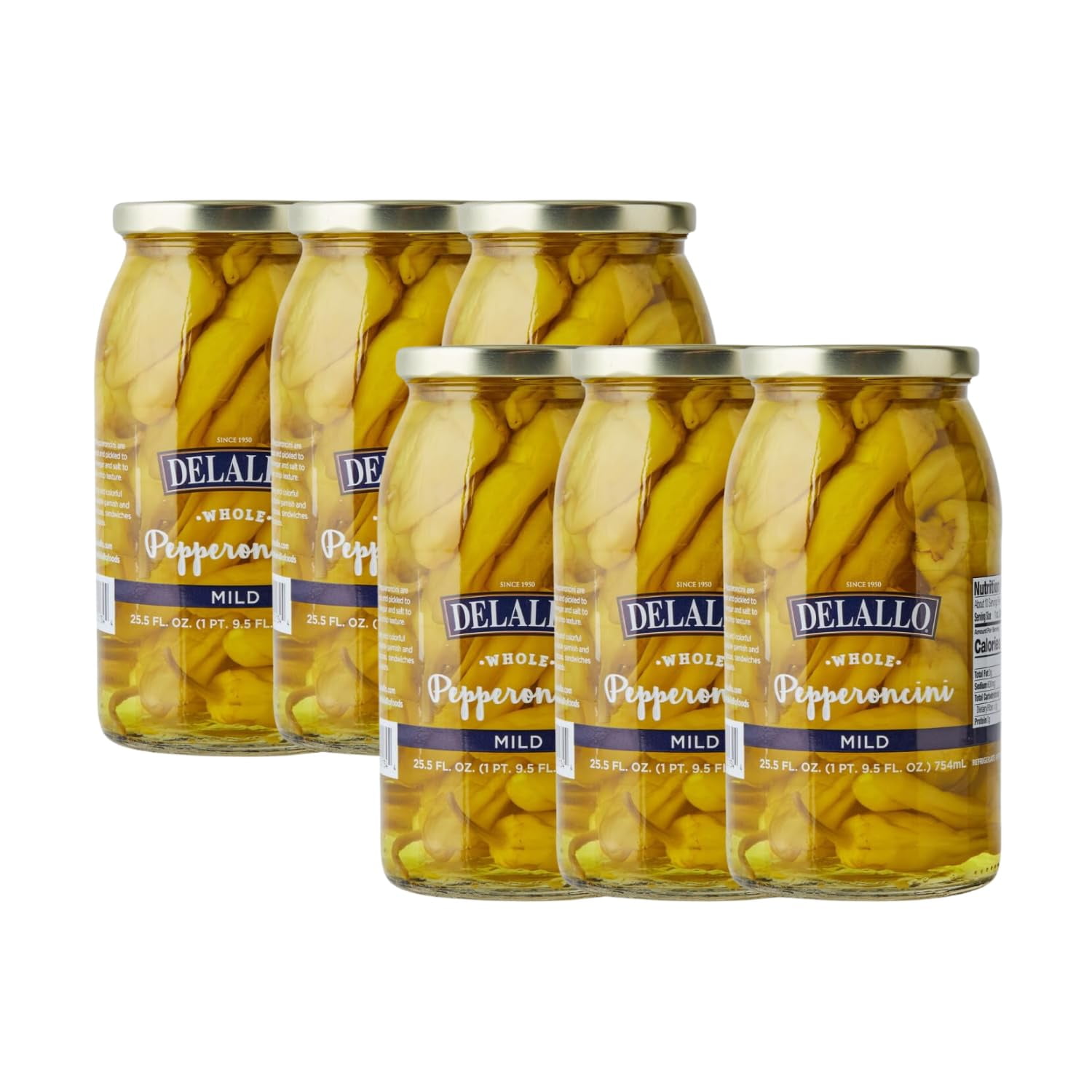 Mild Pepperoncini Peppers, 25.5 Ounce Jar 6 Pack, Whole Yellow Pickled Peppers Grown in Greece, 100% Cured, Non-GMO, Packed