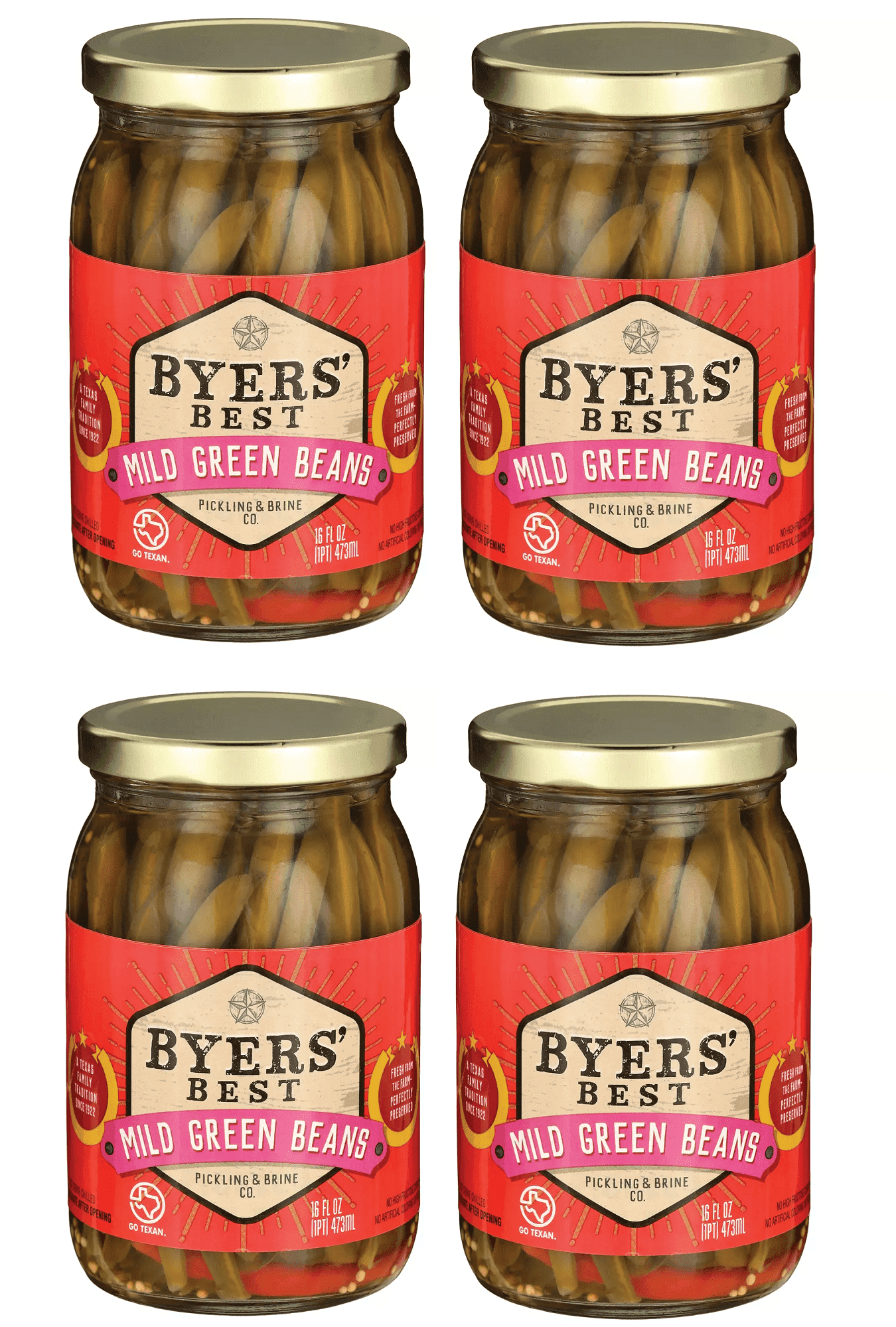 Mild Pickled Green Beans with Garlic and Spices - Four (4) 16oz (454g) Glass Jars