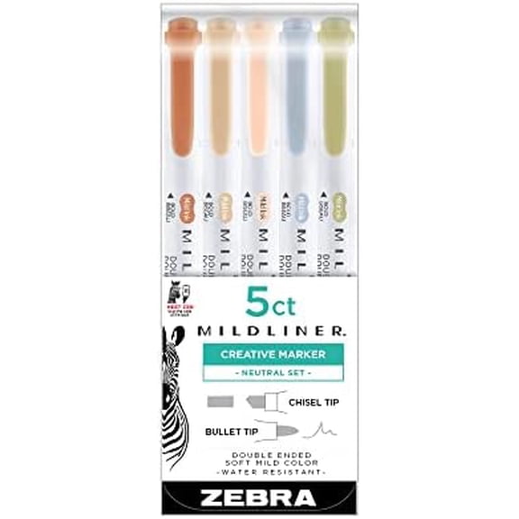Mildliner Double Ended Highlighter, Broad and Fine Point Tips, Assorted Neutral Vintage Ink Colors, (78605) - (Case of 6 packs, 30 Count Total)