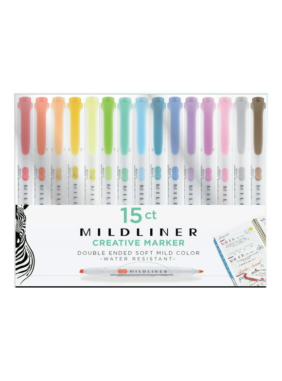 Mildliner Double Ended Highlighters, Fine and Broad Tip, Assorted Colors, Creative Marker, 15 Pack