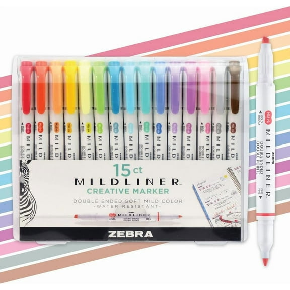 Mildliner Dual-Tip Highlighter Marker Set, Broad and Fine Point Tips, No Bleed, Ideal for Bible Highlighting, Giftable Art Supplies and Teacher Gifts, Assorted Ink Colors, 15-Pack (78115)