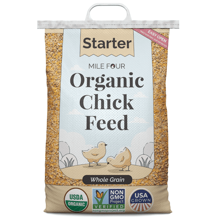 Mile Four | Starter Organic Chick Feed | 100% US Grown Grains, Certified Organic, Certified Non-GMO, Corn-Free, Soy-Free, Non-Medicated Chicken Food | 21% Protein | Whole Grain | 23 lbs.