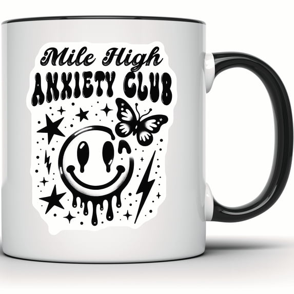 Mile High Anxiety Club Mug - Smiley Face Butterfly Stars Lightning Bolt - Funny Sarcastic Black and White Coffee Mug - 11 Ounce Black Rim Handle Novelty Coffee Cup - WMUG0688-Black Rim