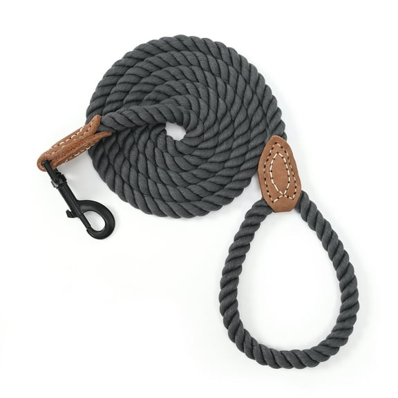 Mile High Life Adjustable Gray Dog Standard Leash, Braided Cotton Rope with Leather Tip