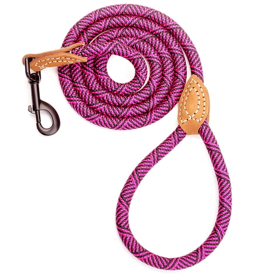 Mile High Life Rope Leash with Genuine Leather Connection, 6 FT/5 FT/4 FT, Heavy Duty Leash for Medium & Large Dogs (Hot Pink, 48 Inch)