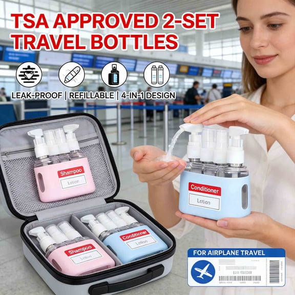 Milemduomar 4-in-1 TSA Approved Travel Bottle 2 Sets: Leak-Proof Refillable Containers for Shampoo,Conditioner,and Lotions-Blue & Pink