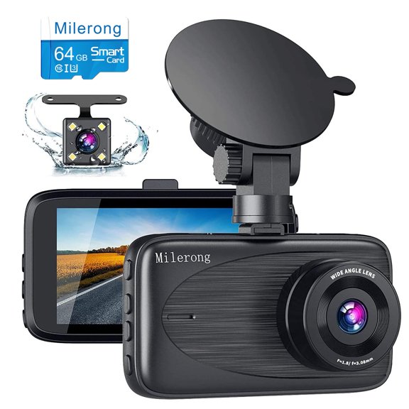Milerong Dash Cam with 64GB Card, Dash Cam Front and Rear with Night Vision, Mini 1080P FHD Dash Camera for Cars, G-Sensor, Loop Recording, Parking Monitor, Motion Detection,WDR