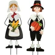 Miles Kimball Pilgrim Boy and Girl Metal Lawn Stakes Set by Maple Lane Creations, Thanksgiving Yard Décor