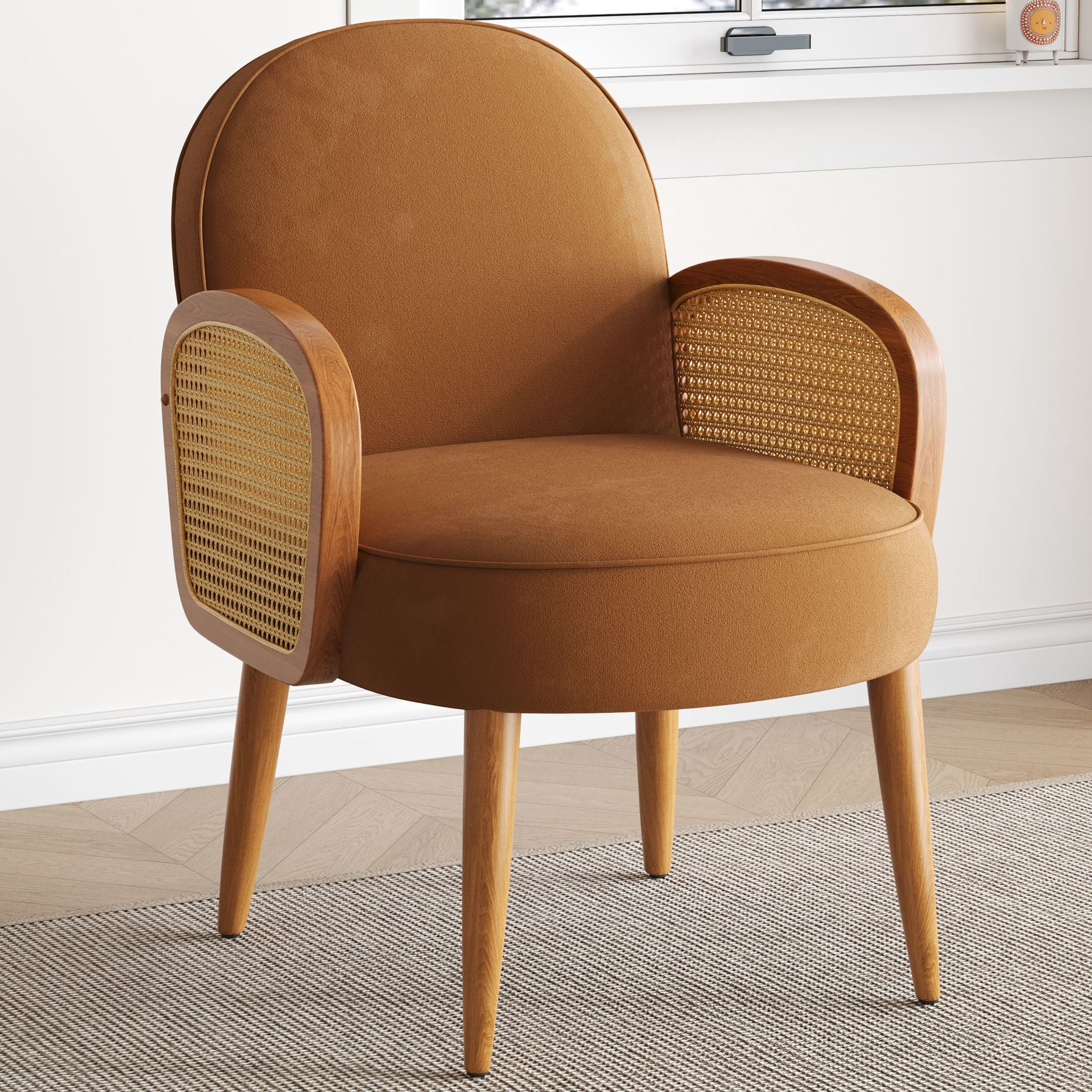 Christopher Knight Home Miles Mid-Century Velvet Upholstered Accent Chair with Rattan Armrests, Solid Wood Legs, Brown