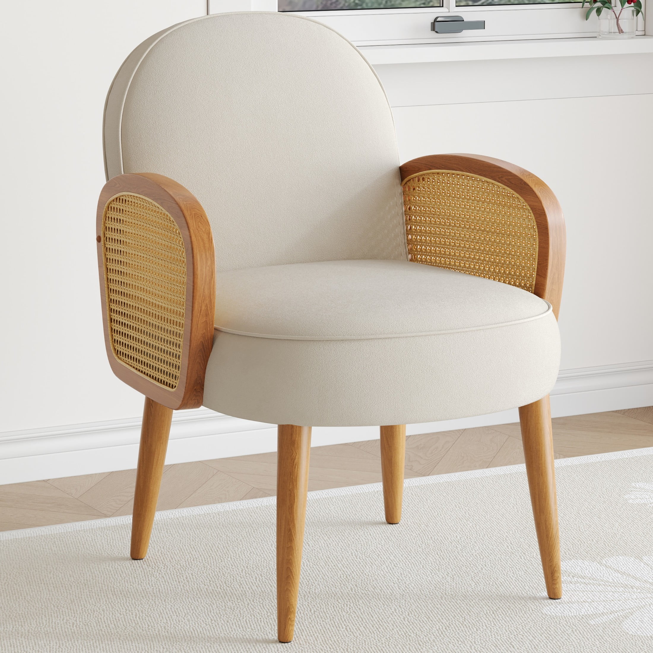 Miles Mid-Century Velvet Upholstered Accent Chair with Rattan Armrests, Solid Wood Legs, Ivory