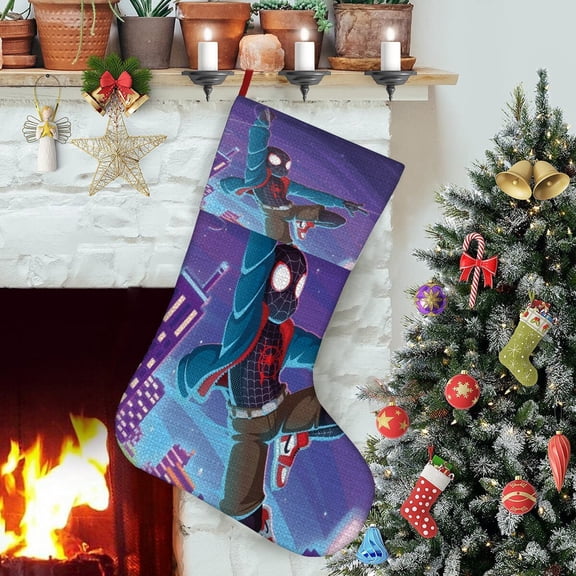Miles Morales-theme Christmas StockingsFine white linen for Stairs Fireplace Hanging Xmas Home Decor Christmas gift17.7"X12.6"(45cm32cm)